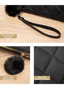 Detail of black faux leather clutch with quilted texture, gold hardware, and fur pompom charm