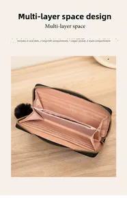 Internal view of women long wallet with 8 card slots and pink lining detail