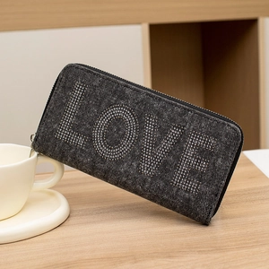 Women Long Zipper Wallet Denim Fabric LOVE Rhinestone Letter Decor Clutch Purse With Wristlet Strap Casual Fashion