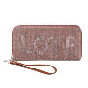 Brown denim fabric wristlet wallet with silver rhinestone LOVE lettering and zip closure