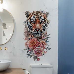 Vinilo decorativo de cabeza de tigre con flores de acuarela para salón y baño