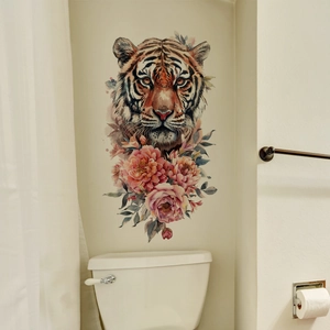 Vinilo decorativo autoadhesivo de tigre acuarela y flores rosas para baño decor