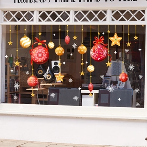 Adesivi Finestra Natale PVC Statici Rosso Oro Palle Ornamenti Fiocchi Neve Stelle Per Porta Vetro Decorazione Festa
