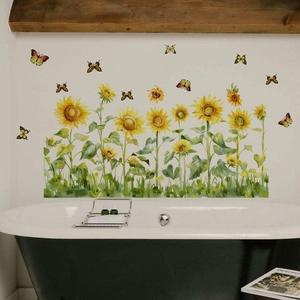Watercolour sunflower wall decals with butterflies for bathroom wall decoration