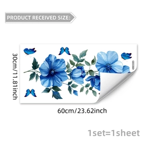 Pegatinas de pared con flores y mariposas azules acuarela para salón de 30x60cm