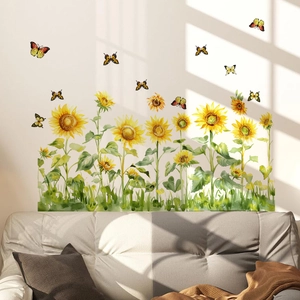Watercolor Sunflower Butterfly Vine Wall Sticker PVC Self Adhesive Floral Decal For Home Bedroom Living Room Decoration Decor