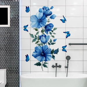 Vinilos decorativos de flores azules y mariposas para pared de salón y baño moderno