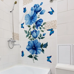 Vinilos decorativos de flores azules y mariposas acuarela para salón y baño moderno