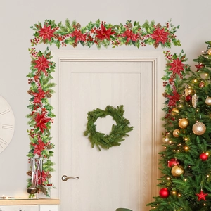 Stickers muraux de Noël avec poinsettia et pins pour décoration festive de cadre de porte