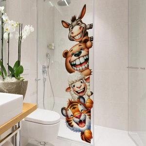 Funny animal stacked stickers for bathroom glass doors featuring cute waterproof cartoon decals