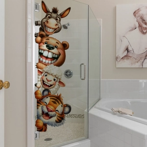 Funny 3D cartoon animal glass stickers featuring smiling donkey bear sheep and tiger for bathroom