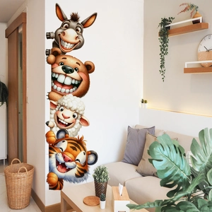Close-up of funny cartoon animal wall stickers featuring a bear and tiger in a living room