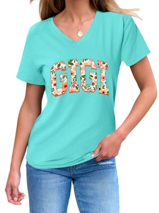 Détail du t-shirt à col en V vert sarcelle pour femme avec motif floral GIGI imprimé