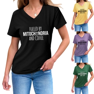 Detail of V-neck cotton T-shirts with Fueled by Mitochondria and Coffee graphic prints