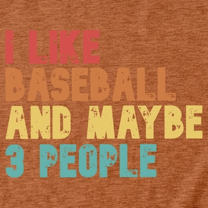 Détail de l'imprimé I LIKE BASEBALL sur le tissu rouge rouille chiné du t-shirt