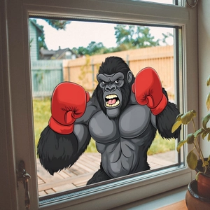 Cartoon Boxing Gorilla Window Sticker Static Cling Double Sided PVC Glass Decal For Home Office Decor