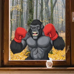 Double-sided window sticker featuring a cool cartoon gorilla boxer with red gloves