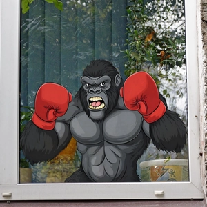 Cool cartoon gorilla boxing window decal with vibrant red gloves for glass home decor