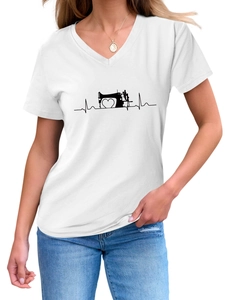 Detail of sewing machine and heart EKG print on white V-neck short sleeve cotton t-shirt