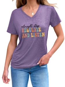 Close-up of retro letter print on purple V-neck T-shirt with soft fabric texture