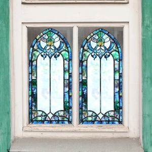 Film de fenêtre en vitrail gothique avec motifs de mosaïque florale colorés