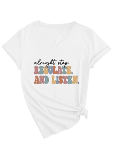 Detail of white V-neck T-shirt featuring retro colorful typography and a stylish front knot
