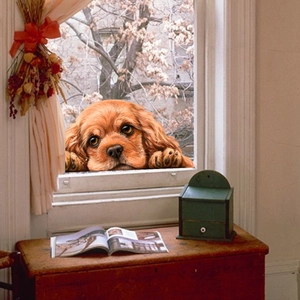 Detailed 3D visual effect sticker showing a cute puppy peeking through a glass window