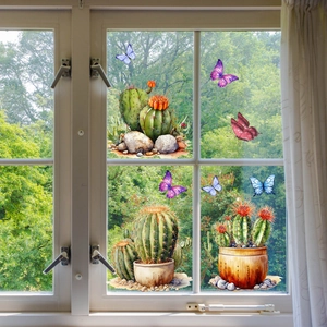 Watercolor cactus and butterfly double-sided window stickers for glass decoration