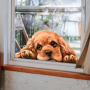 3D realistic golden puppy window decal sticker showing a cute dog peeking through glass