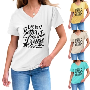Detail of V-neck short sleeve T-shirt with nautical Life is Better on a Cruise print
