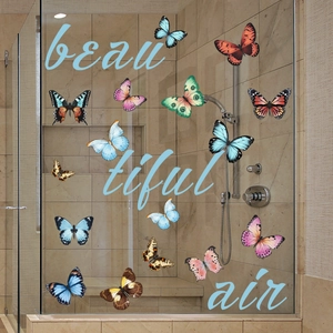 Double-sided colorful butterfly window stickers on shower glass with realistic 3D effect