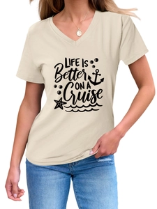 Close-up of V-neck beige T-shirt featuring Life Is Better On A Cruise print and nautical icons