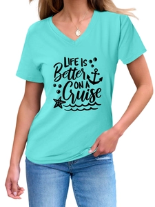 Detail of V-neck turquoise T-shirt featuring Life is Better on a Cruise print design
