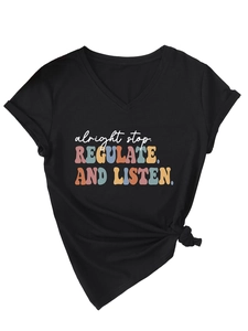 Detail of V-neck cotton T-shirt with 'alright stop' print and stylish side knot design