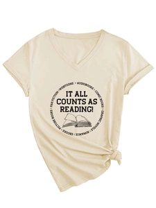 Detailed view of cream V-neck t-shirt with black IT ALL COUNTS AS READING print