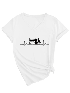 Detail of white V-neck T-shirt showing sewing machine print and decorative hem knot