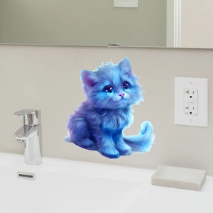 Close-up of a 3D blue luminous cat wall sticker in a modern bathroom home decor setting