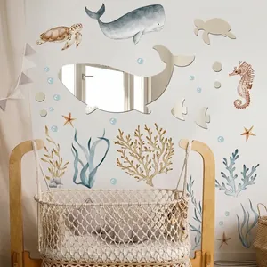 Ocean theme wall stickers with whale mirror for nursery and kids room decoration