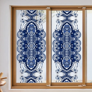 Elegant blue mandala window film with ethnic patterns on double-sided visible glass stickers