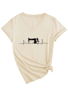Detail of beige V-neck t-shirt featuring sewing machine heartbeat print and side knot design