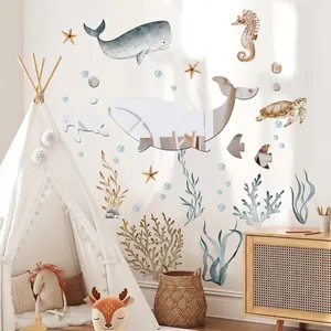 Cartoon ocean sea creature wall stickers set with whale mirror for home room decoration