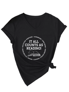 Detail of V-neck T-shirt showing reading theme graphic and side-tie knot detail