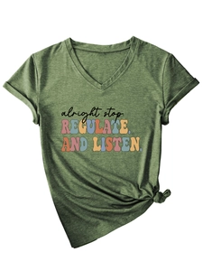 Detail of V-neck olive green T-shirt featuring letter print and stylish side knot design