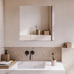 Modern frameless square mirror for wall decor in a minimalist warm beige bathroom setting