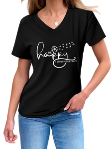 Detail of V-neck black cotton t-shirt with Be Happy It Drives People Crazy dandelion print