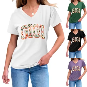 T-Shirt Femme Col En V Manches Courtes Mélange Coton Imprimé Lettres GIGI Floral Haut D'Été Décontracté Coupe Ample Nœud