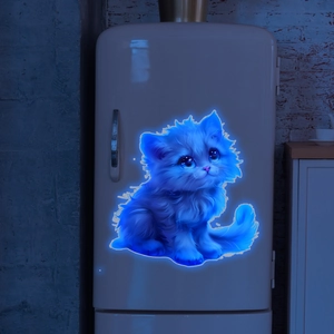 Glow-in-the-dark blue cartoon cat wall sticker shown on a white refrigerator surface