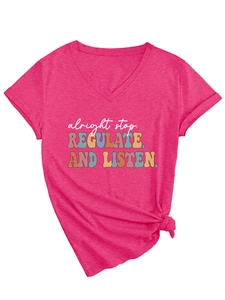 Close-up of pink V-neck T-shirt with vintage letter print and decorative knot detail