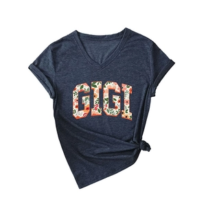 T-shirt femme col V bleu marine avec imprimé floral GIGI et détail noué au bas