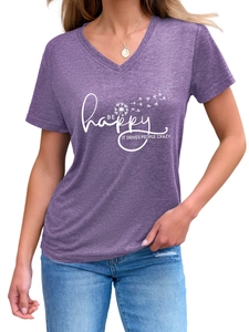 Detail of purple V-neck T-shirt with Be Happy print and dandelion pattern design